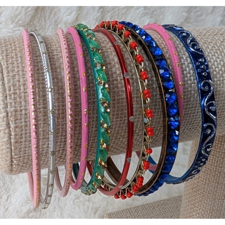 Colorful Bangle Bracelet Lot Rhinestone, Enamel, Pink Blue Stack